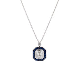 18K White Gold Diamond And Sapphire Halo Pendant With 16 Inch Chain