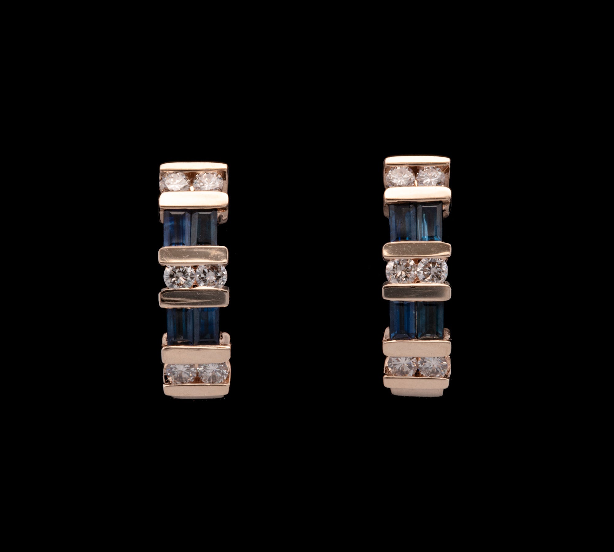 14K Yellow Gold Bar Set Diamond And Sapphire Earrings