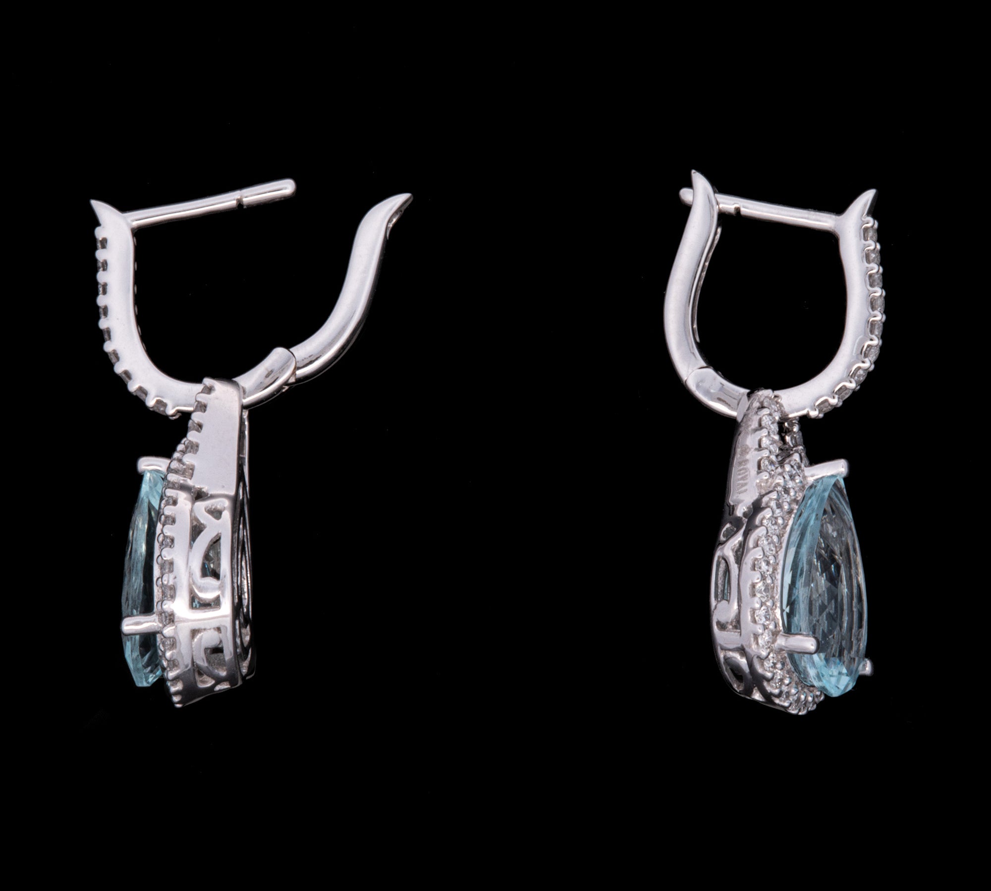 14K White Gold Aquamarine And Diamond Halo Drop Earrings