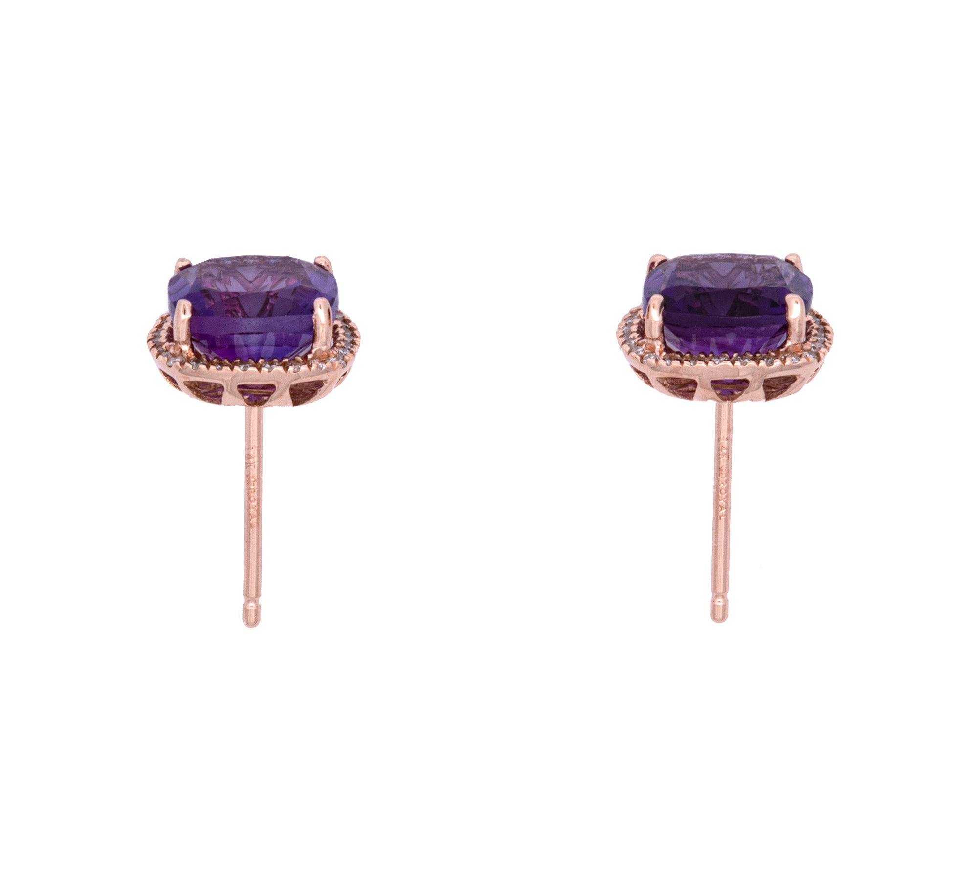 14K Rose Gold Amethyst And Diamond Halo Stud Earrings