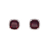 14K White Gold Cushion Cut Garnet And Diamond Halo Stud Earrings