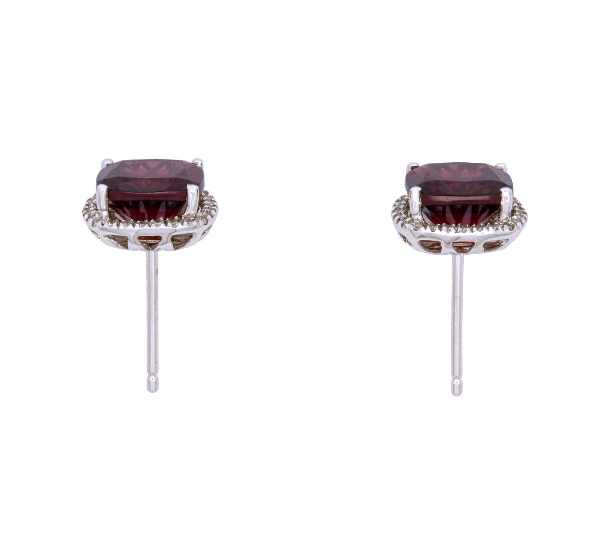 14K White Gold Cushion Cut Garnet And Diamond Halo Stud Earrings