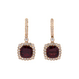14K Yellow Gold Cushion Cut Garnet And Diamond Halo Drop Earrings