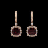 14K Yellow Gold Cushion Cut Garnet And Diamond Halo Drop Earrings