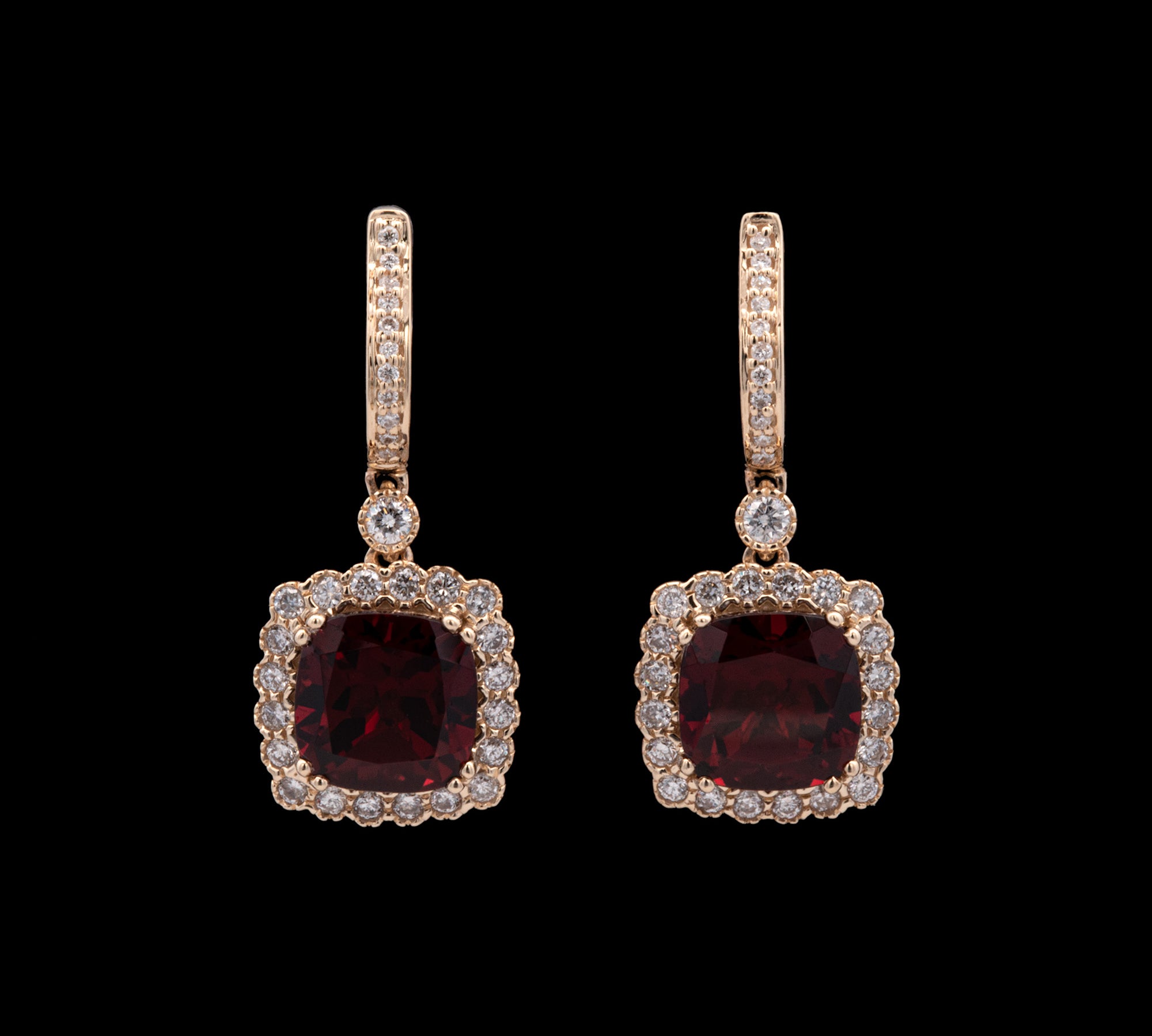14K Yellow Gold Cushion Cut Garnet And Diamond Halo Drop Earrings