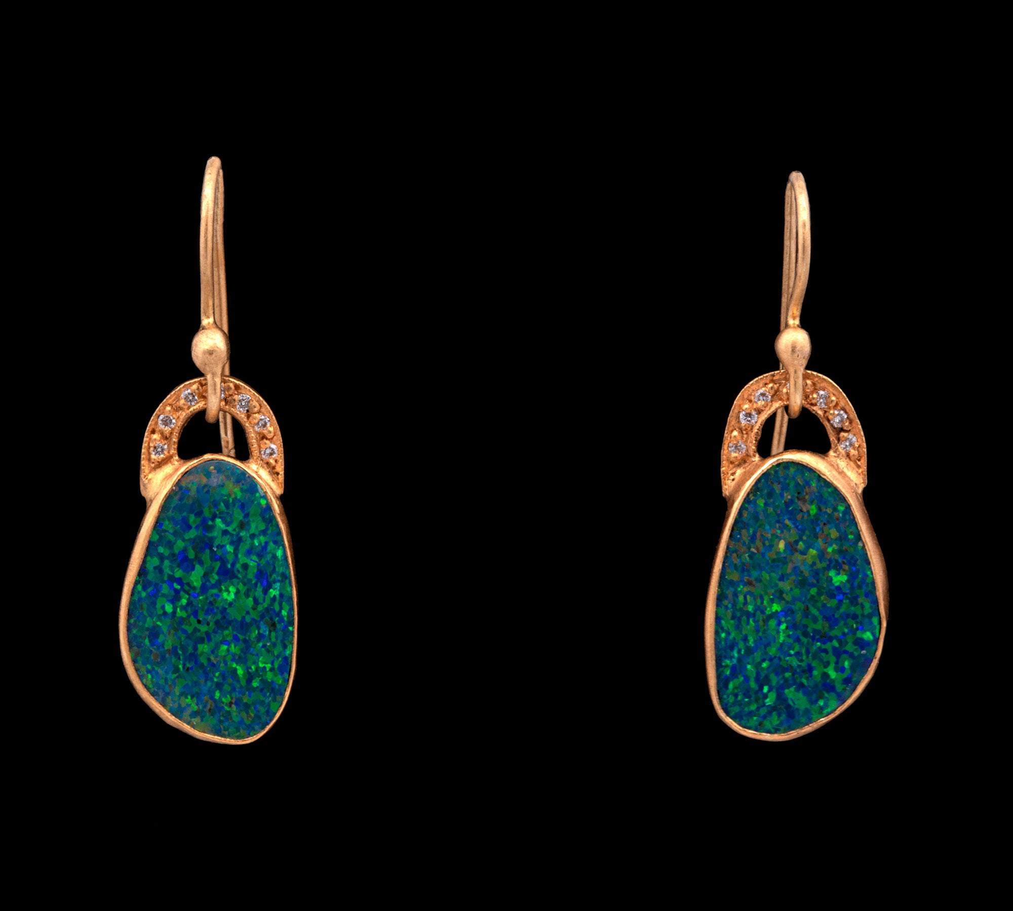 18K And 24K Yellow Gold Opal And Diamond Dangle Earrings