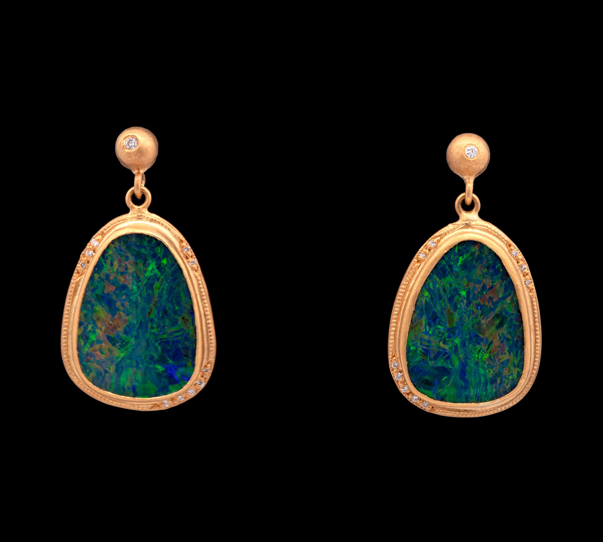 18K And 24K Yellow Gold Opal And Diamond Stud Earrings