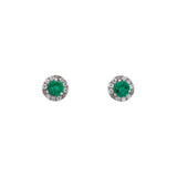 14K White Good Emerald And Diamond Halo Stud Earrings