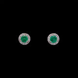 14K White Good Emerald And Diamond Halo Stud Earrings
