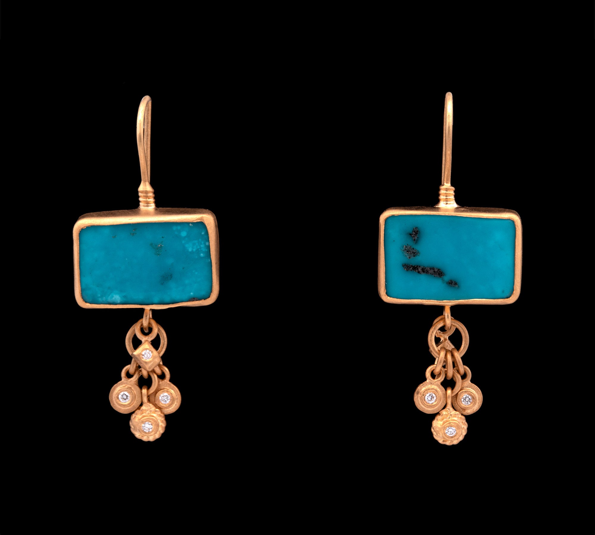 24K And 18K Yellow Gold Turquoise And Diamond Drop Earrings