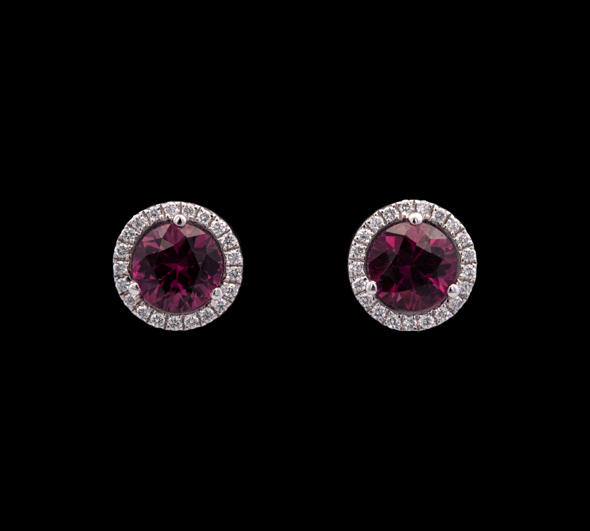 18K White Gold Rholdolite Garnet And Diamond Halo Stud Earrings