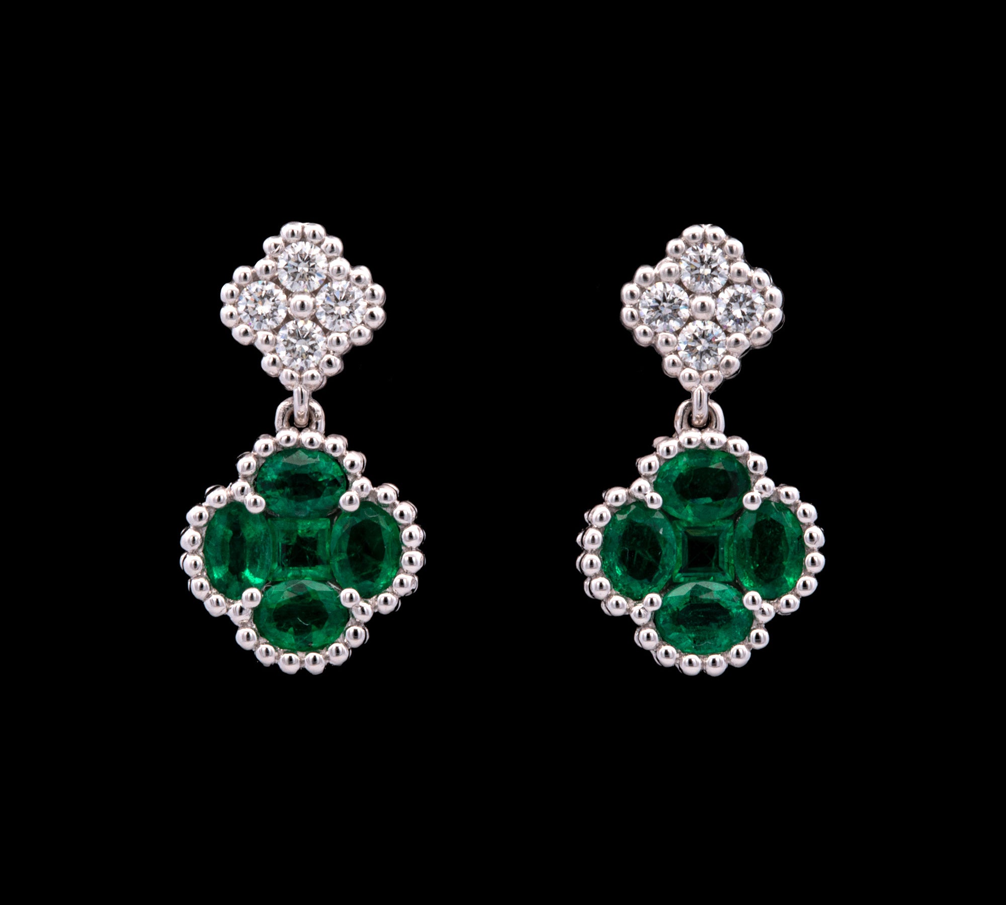 18K White Gold Emerald And Diamond Clover Earrings