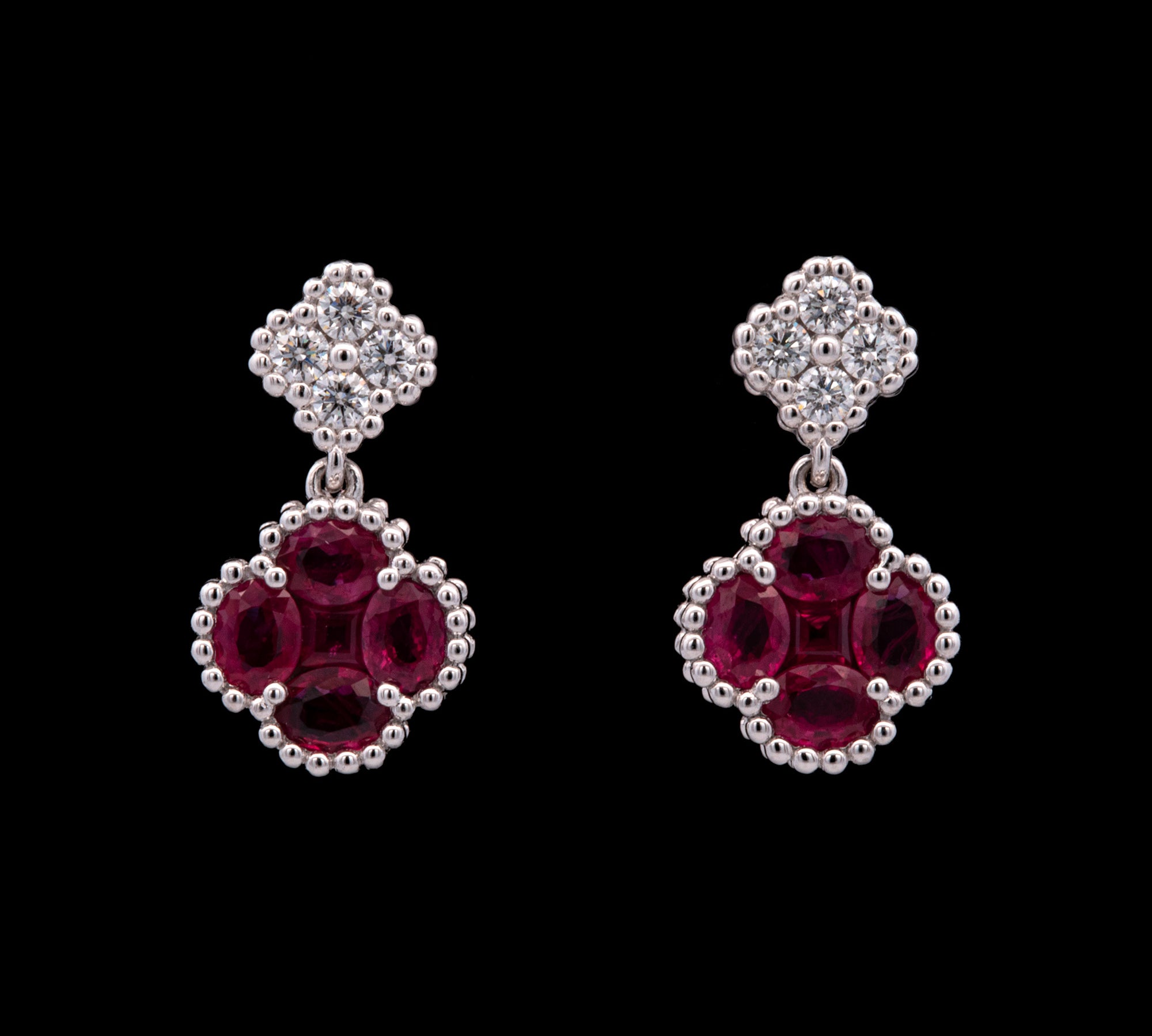 18K White Gold Ruby And Diamond Clover Earrings