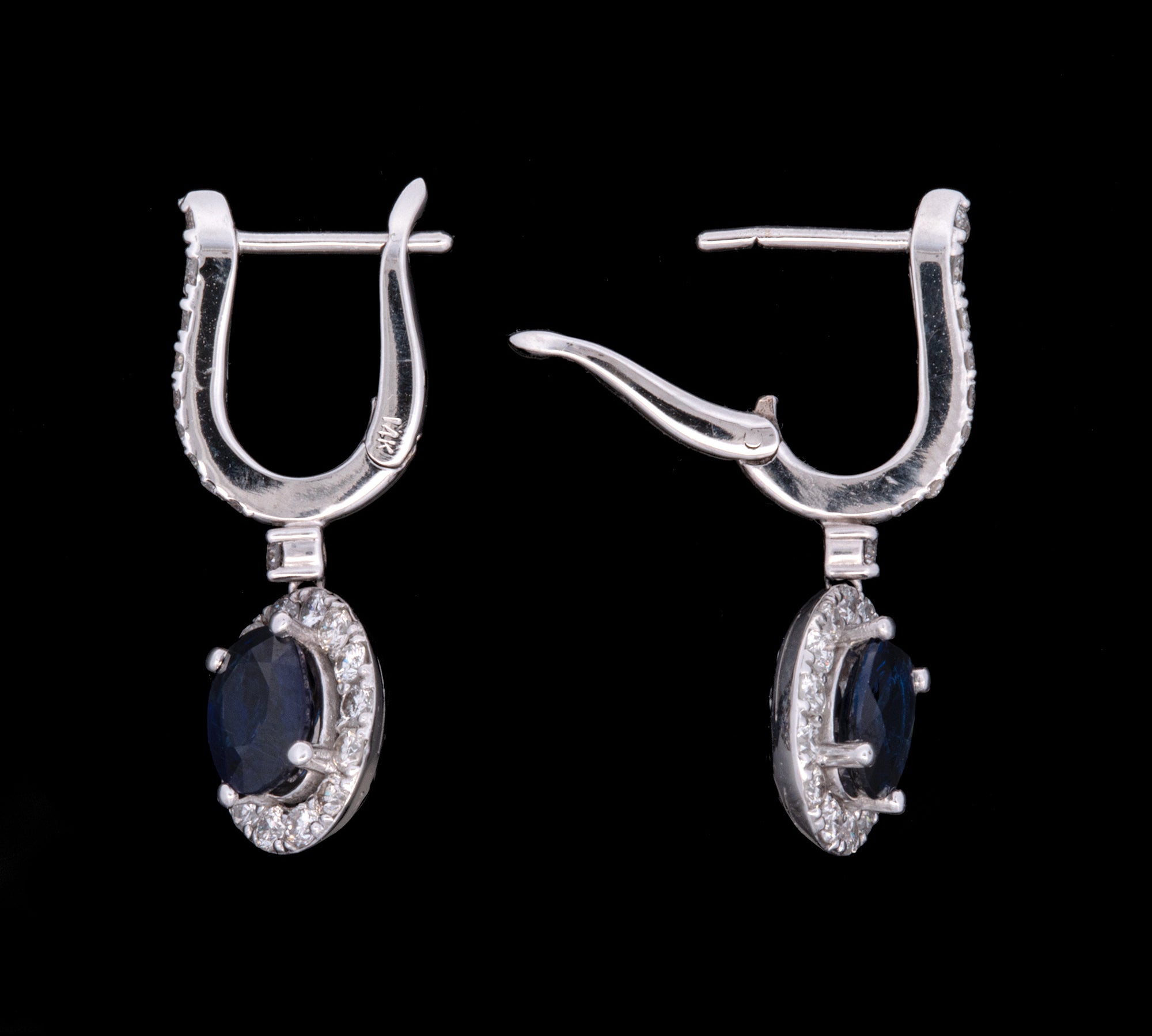 14K White Gold Oval Sapphire And Diamond Halo Drop Earrings