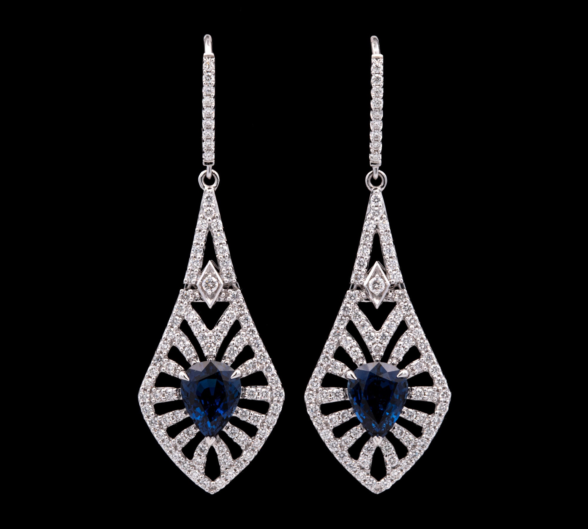 18K White Gold Pear Shape Sapphire And Diamond Drop Earrings With Leverbacks
