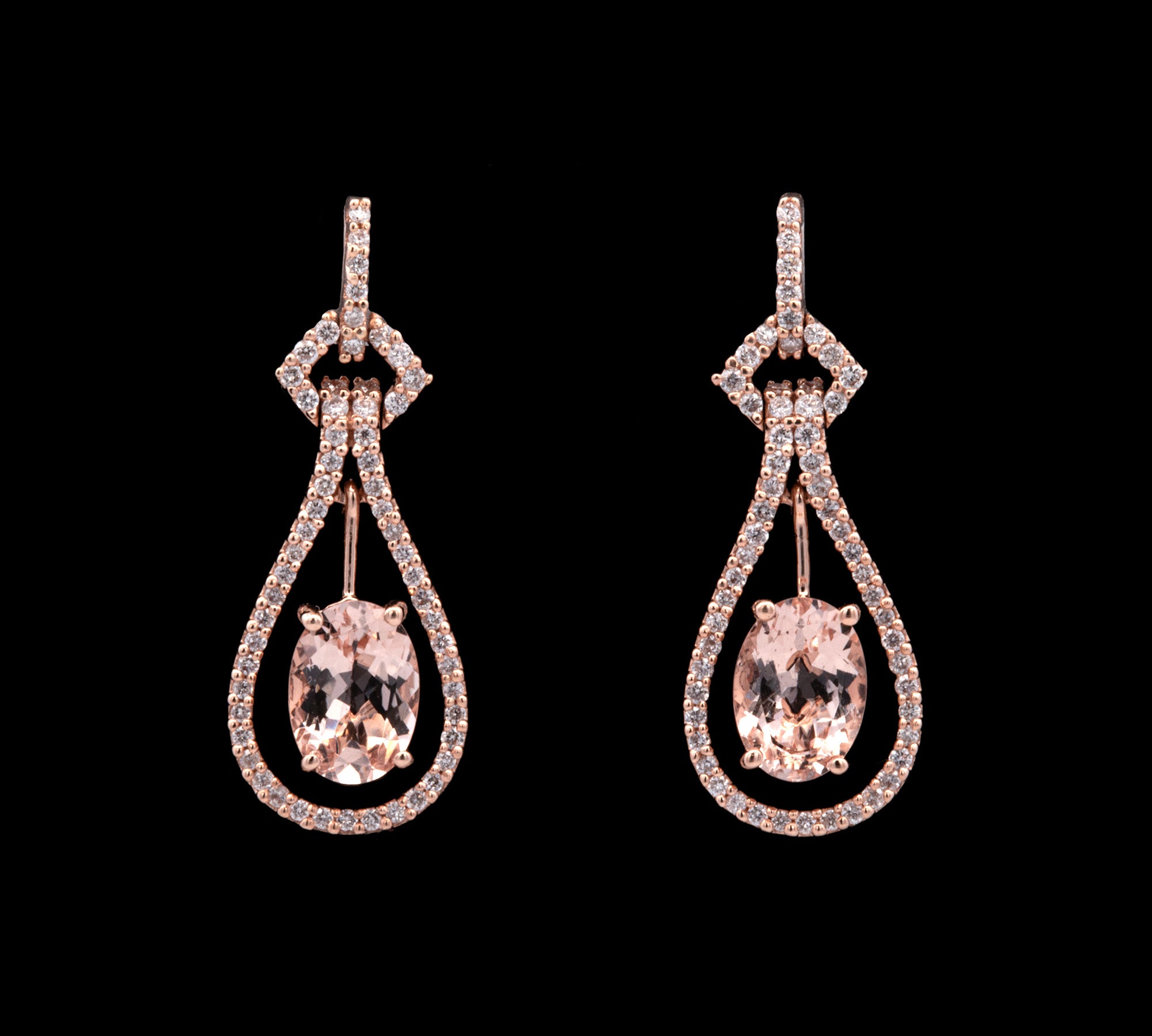 14K Rose Gold Oval Morganite And Diamond Drop Earrings