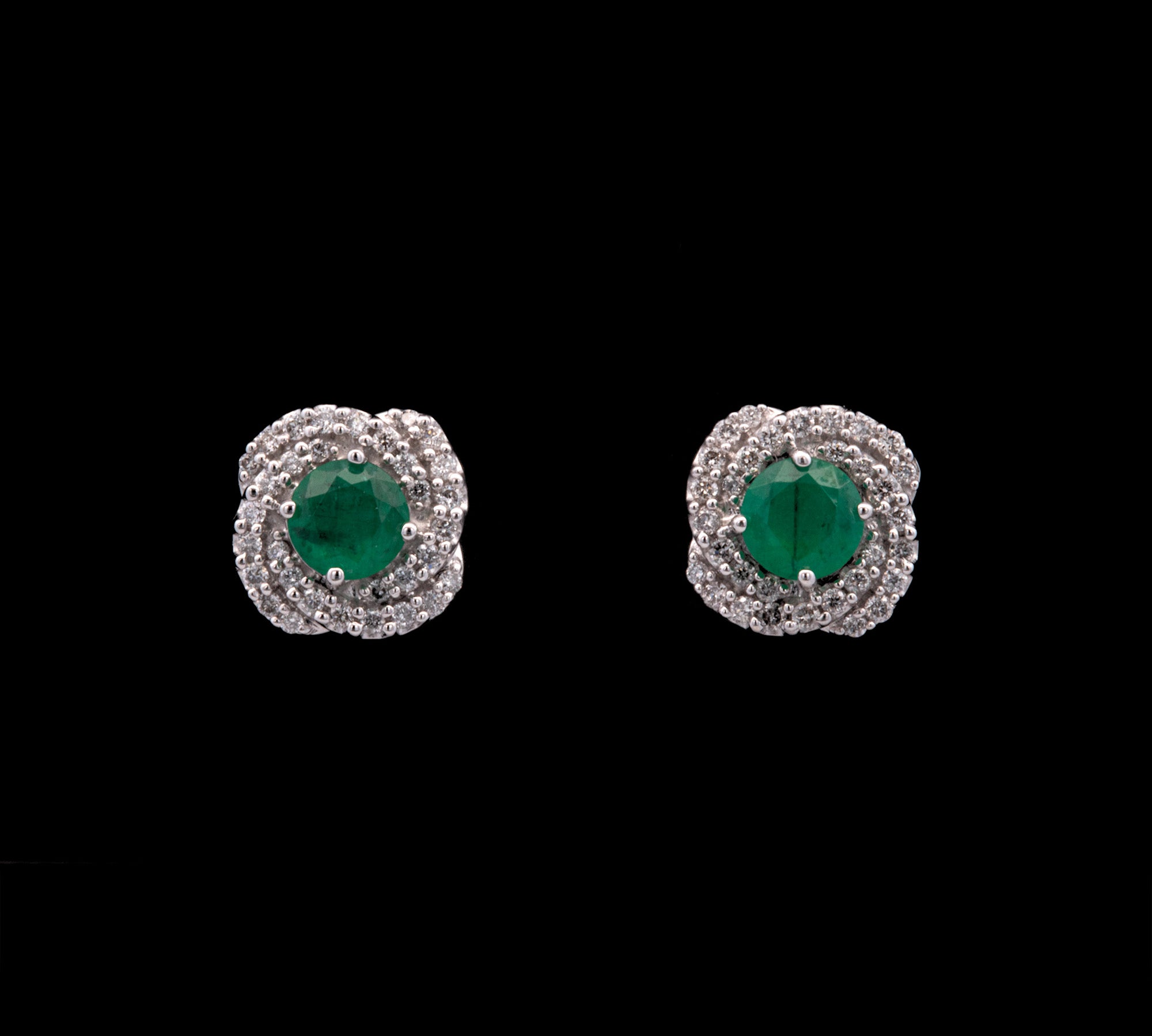 14K White Gold Emerald Diamond Halo Earrings