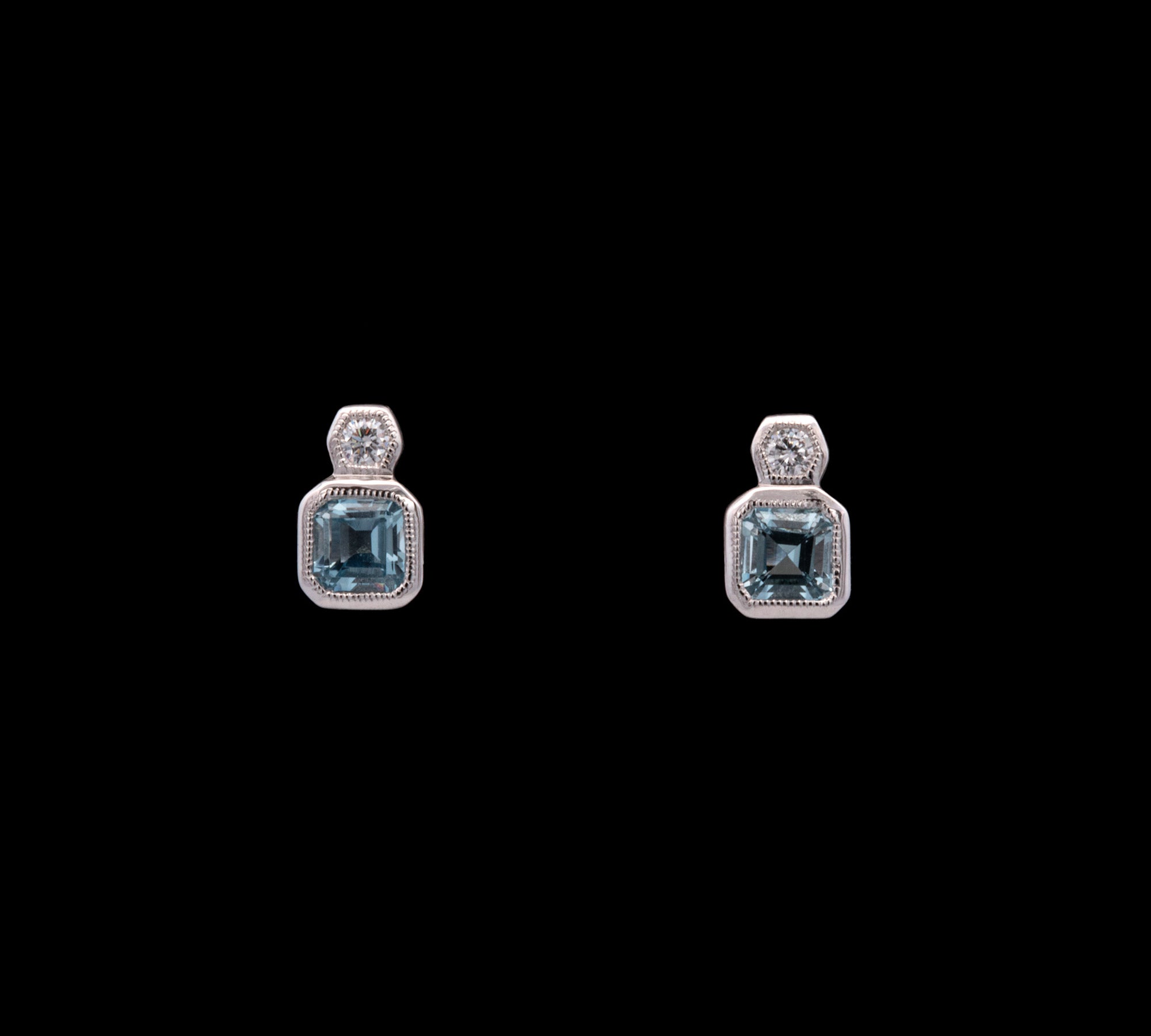 14K White Gold Aquamarine Stud Earrings With Diamond Accents