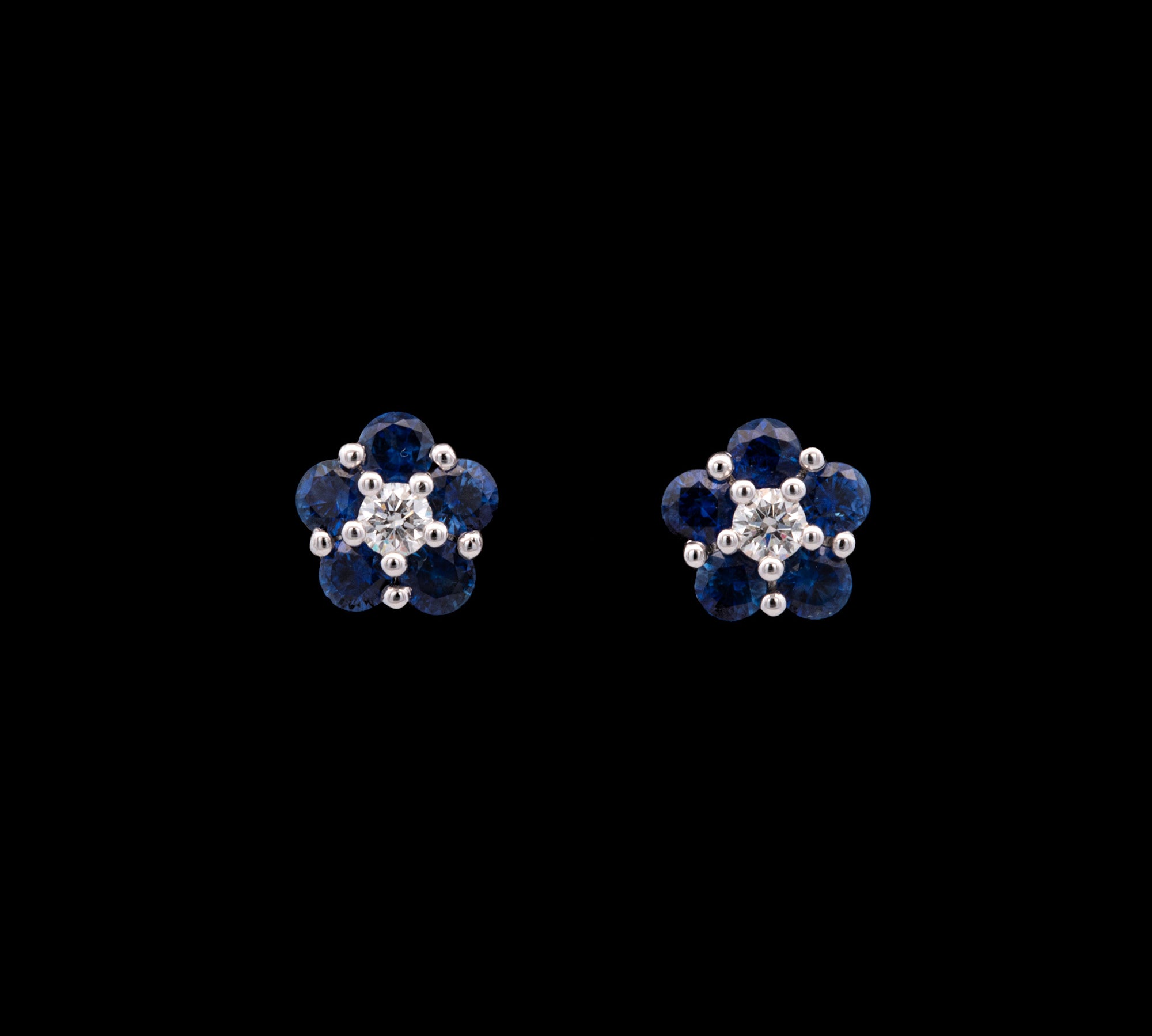 14K White Gold Sapphire And Diamond Flower Stud Earrings