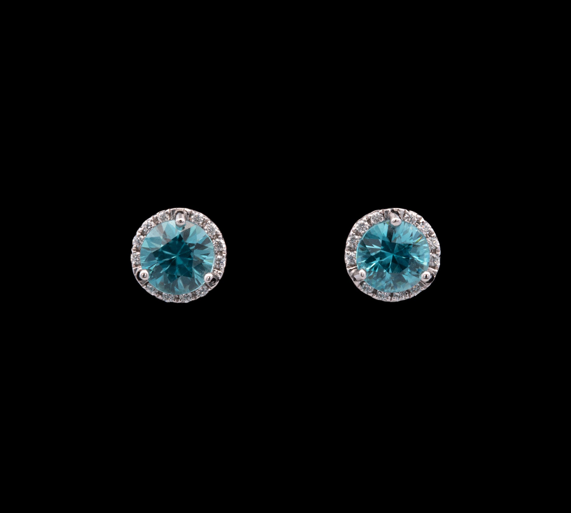 14K White Gold Blue Zircon And Diamond Halo Stud Earrings