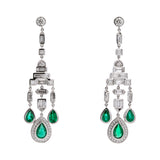 18K White Gold Pear Shape Emerald And Diamond Drop Earrings
