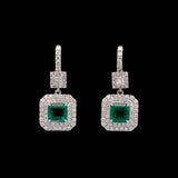 18K White Gold Square Cut Emerald And Double Diamond Halo Drop Earrings