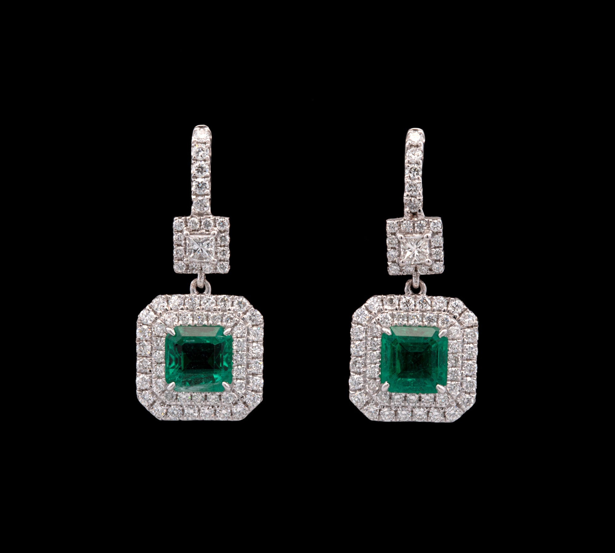18K White Gold Square Cut Emerald And Double Diamond Halo Drop Earrings