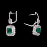 18K White Gold Square Cut Emerald And Double Diamond Halo Drop Earrings