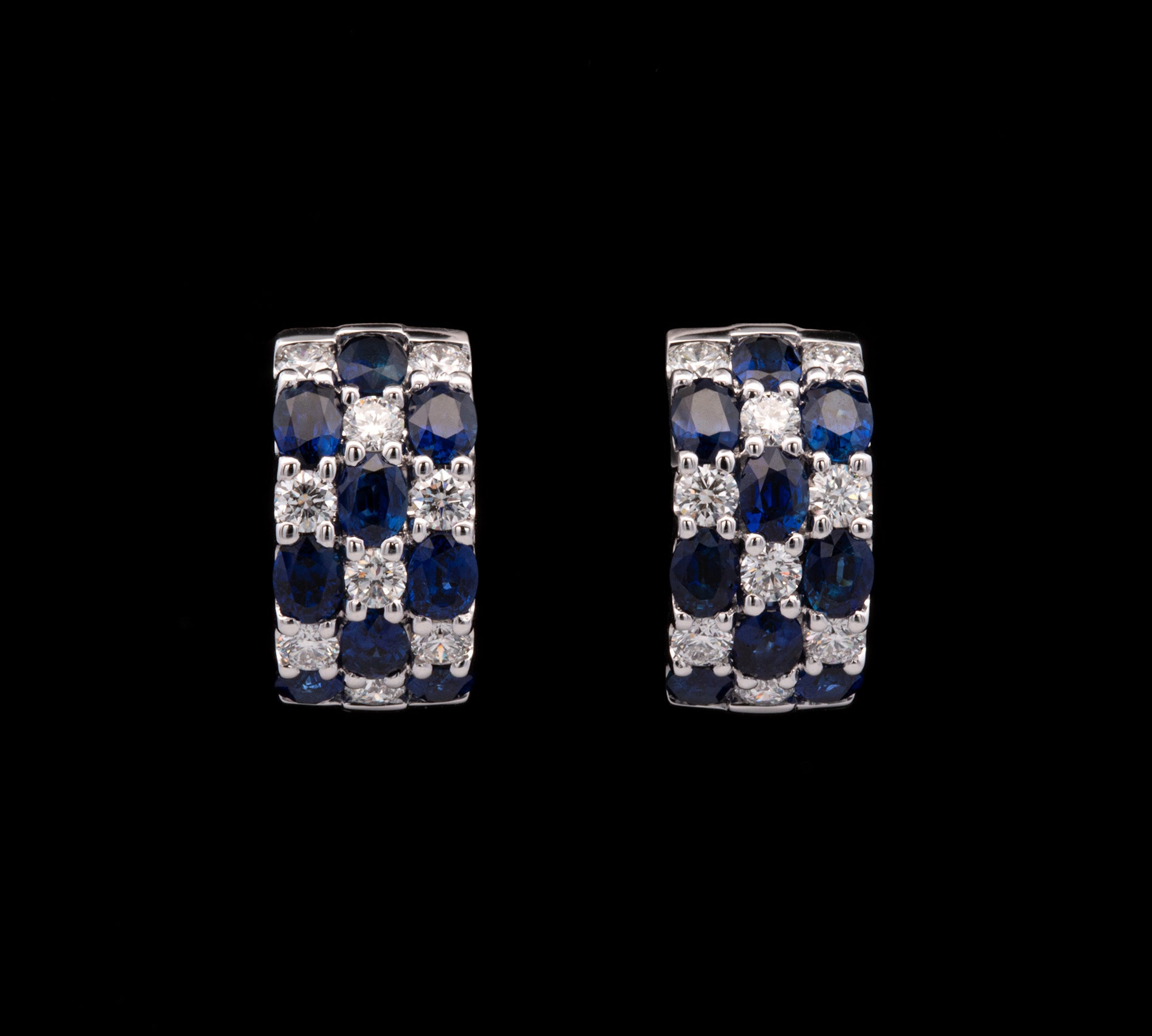 18K White Gold Three Row Sapphire And Diamond Huggie Earrings