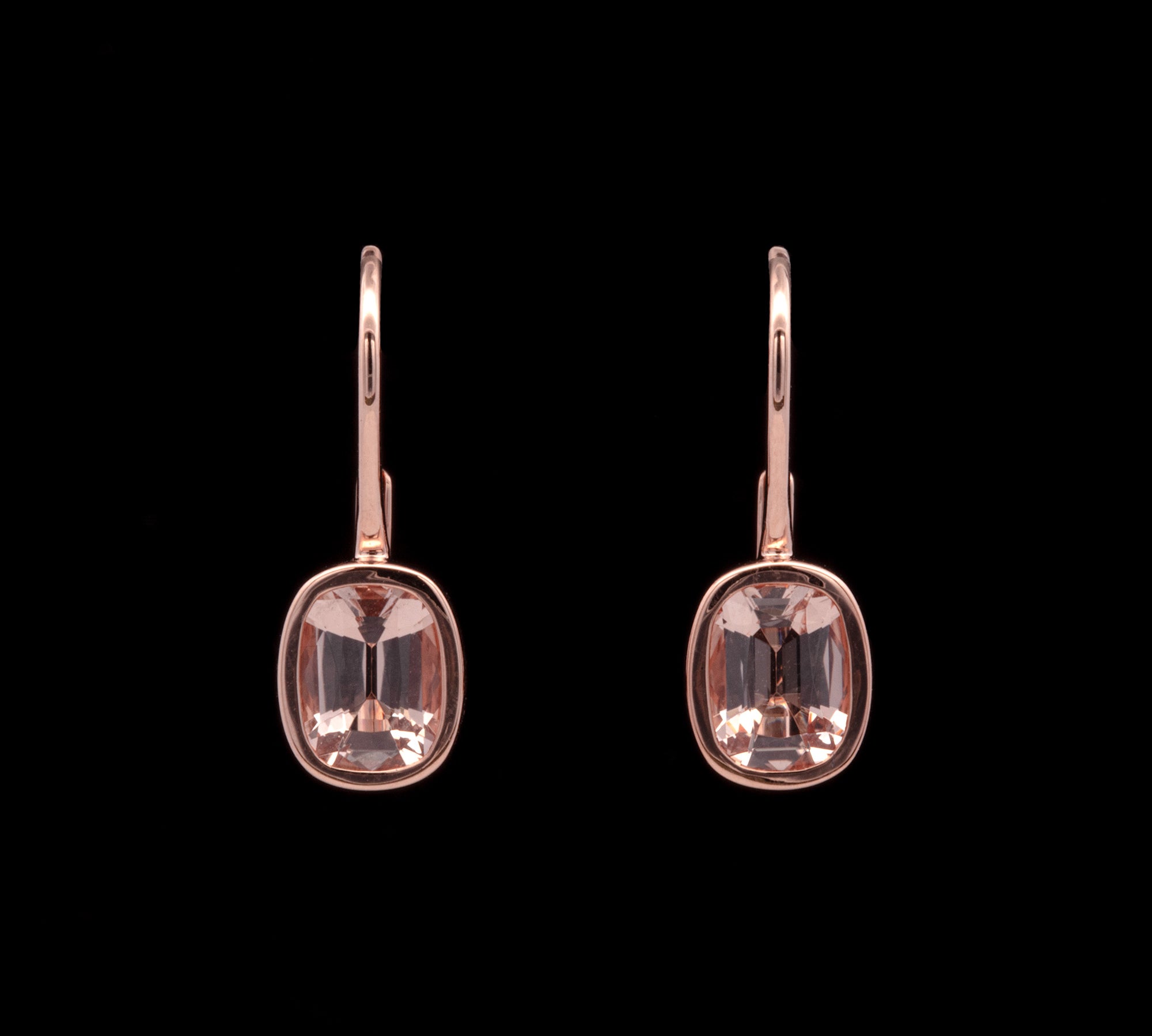 18K Rose Gold Bezel Set Cushion Cut Morganite Drop Earrings With Leaver Backs