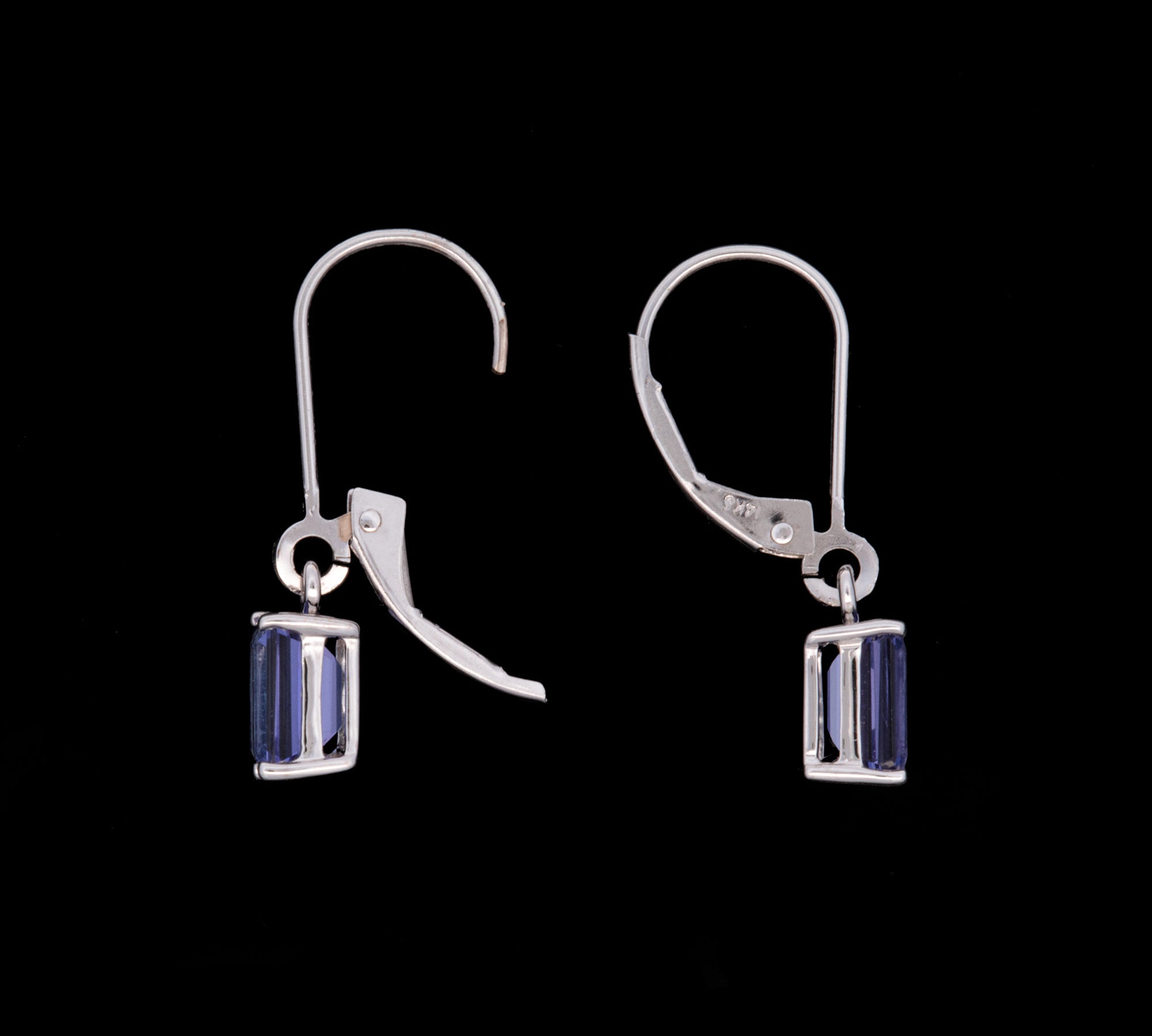 14K White Gold Emerald Cut Tanzanite Drop Earrings With Lever Backs