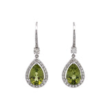 14K White Gold Pear Shape Peridot And Diamond Halo Drop Earrings