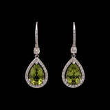 14K White Gold Pear Shape Peridot And Diamond Halo Drop Earrings