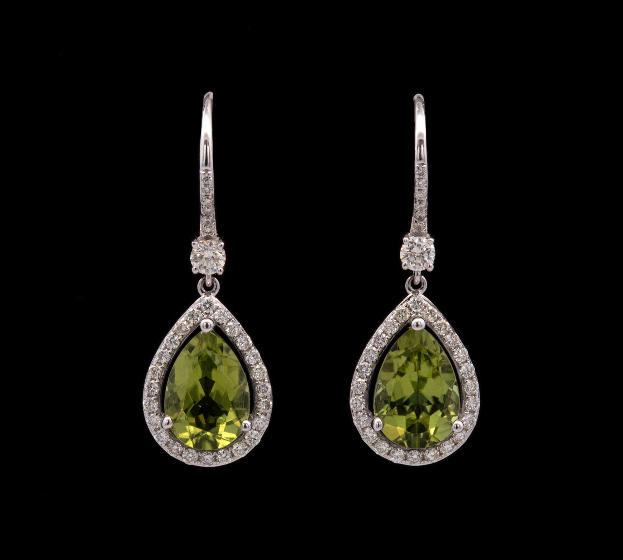 14K White Gold Pear Shape Peridot And Diamond Halo Drop Earrings