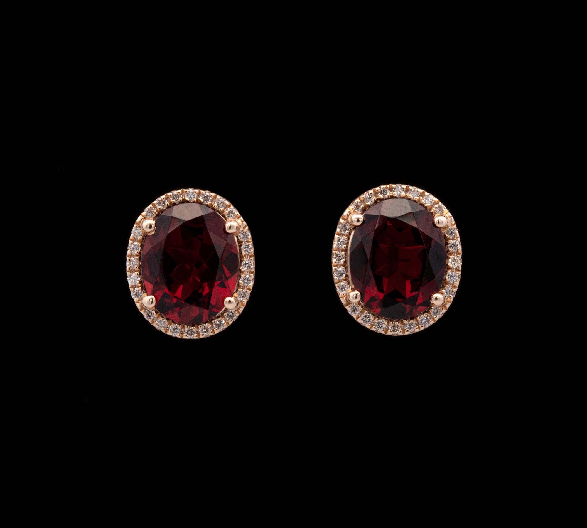 14K Yellow Gold Oval Garnet And Diamond Halo Stud Earrings