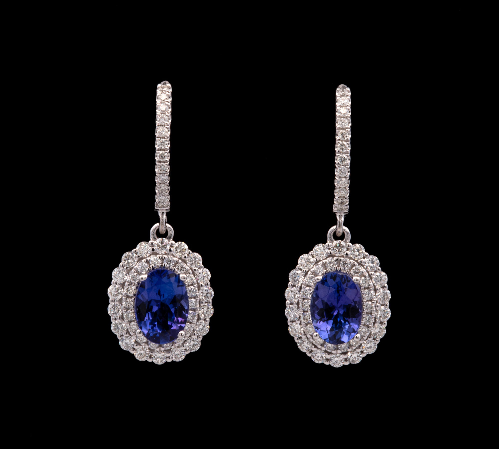 14K White Gold Tanzanite And Double Diamond Halo Drop Earrings With Leaver Backs