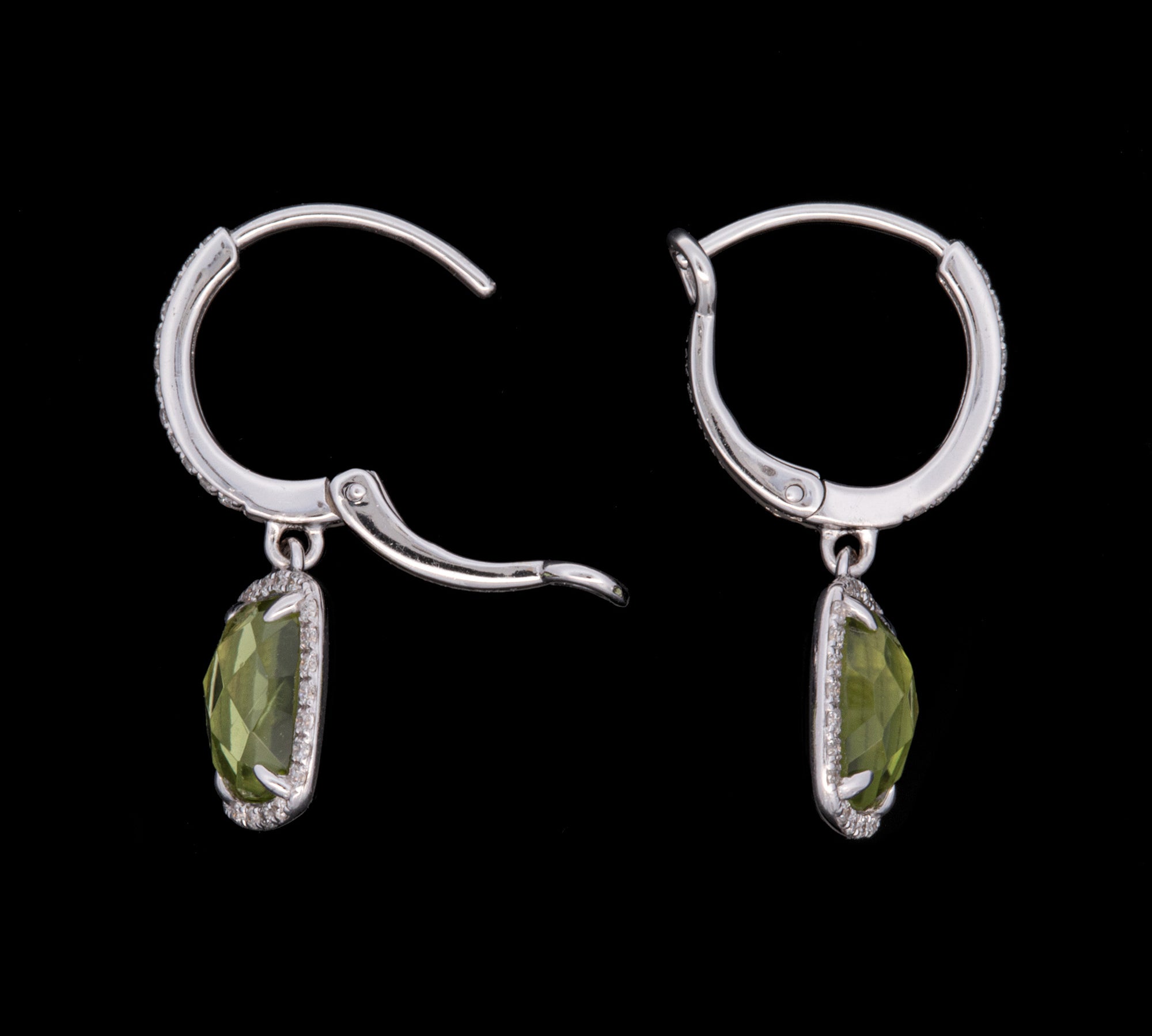 14K White Gold Peridot And Diamond Halo Drop Earrings With Leaver Backs