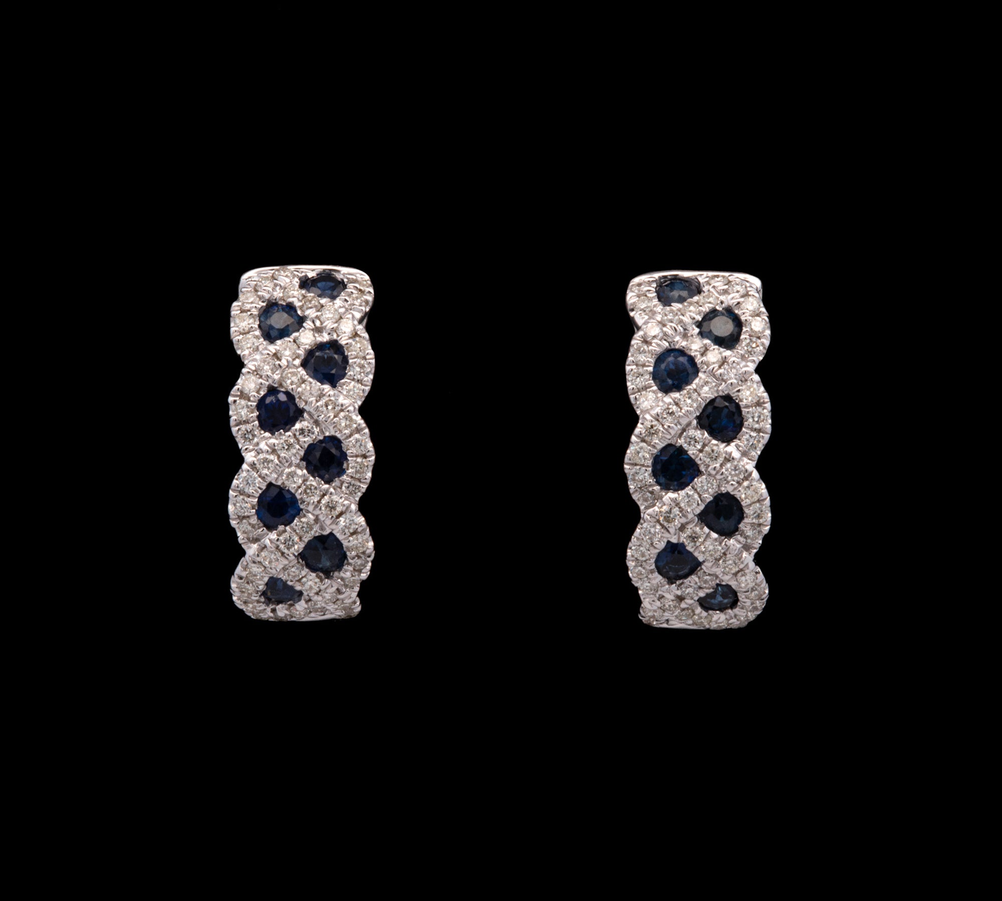 14K White Gold Sapphire And Diamond Geometric Hoop Earrings With Leaver Backs