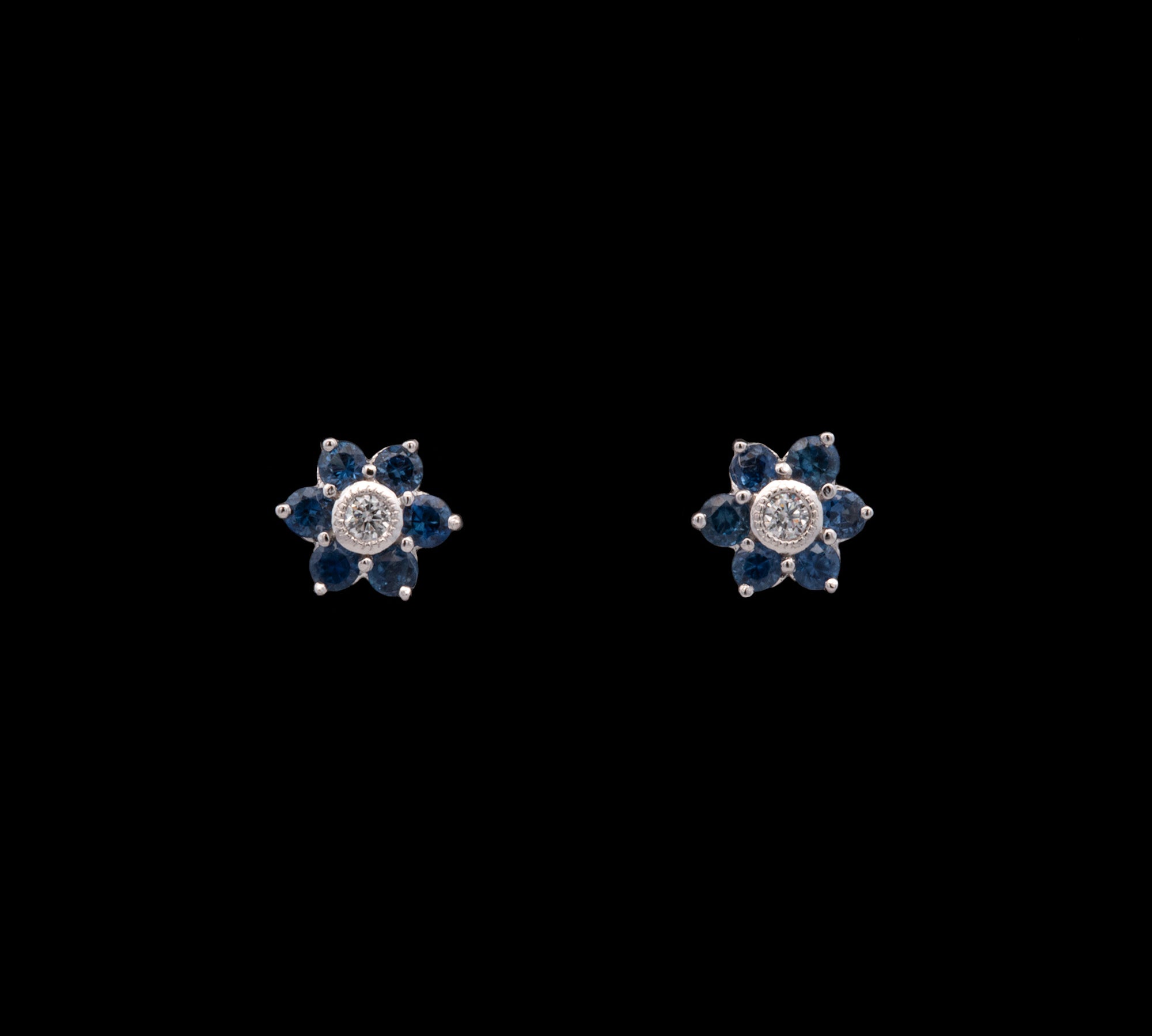 14K White Gold Sapphire And Diamond Flower Cluster Stud Earrings