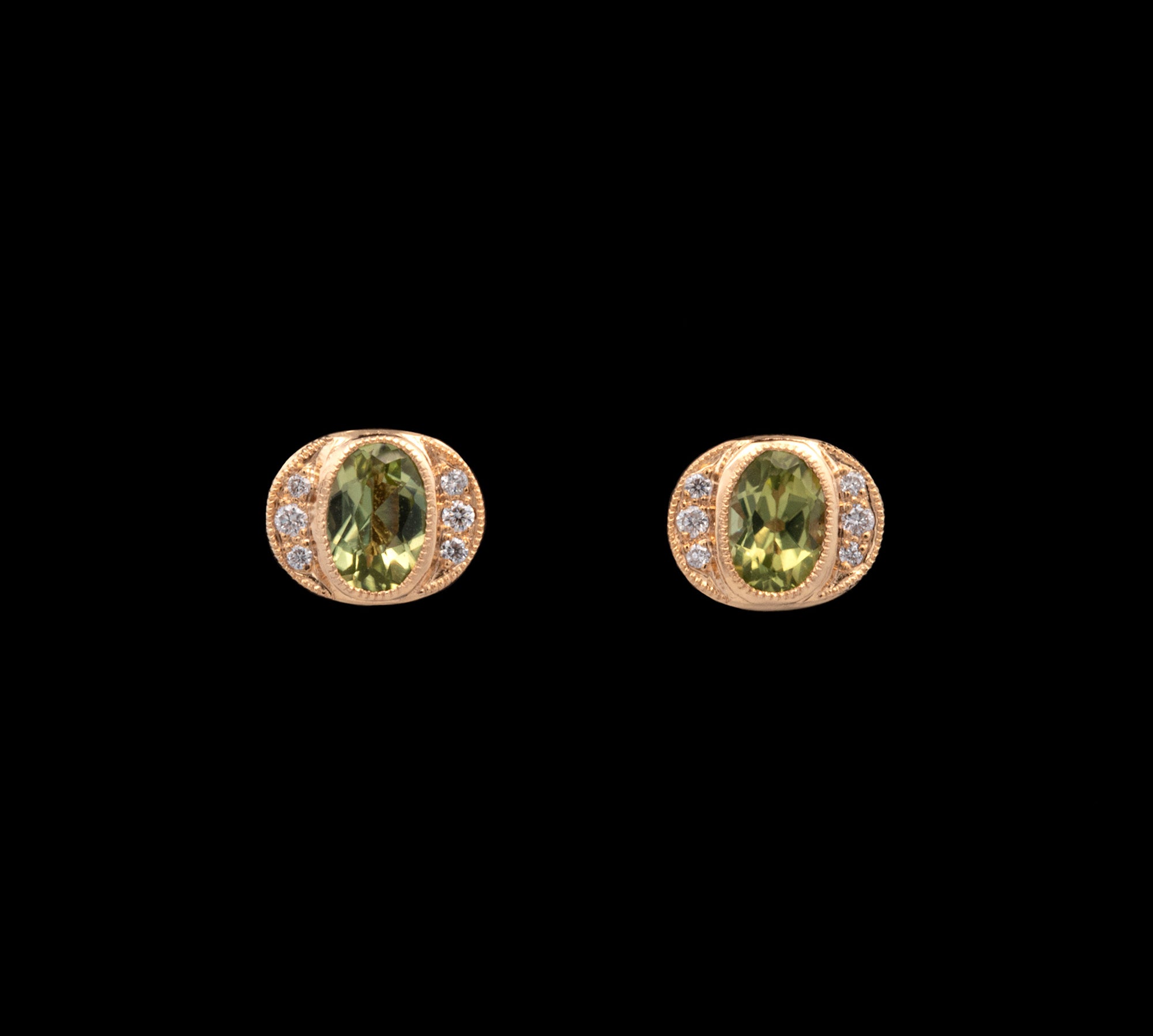 14K Yellow Gold Oval Peridot And Diamond Stud Earrings