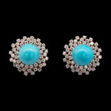 14K Yellow Gold And Palladium Turquoise And Diamond Halo Earrings With Omega Backs, Circa 1945