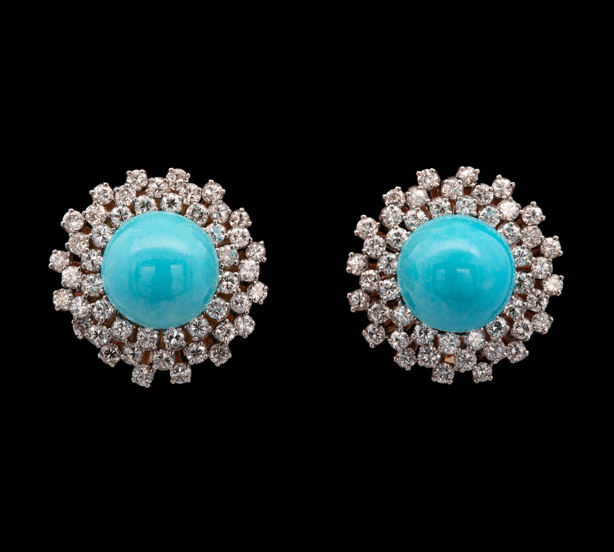 14K Yellow Gold And Palladium Turquoise And Diamond Halo Earrings With Omega Backs, Circa 1945