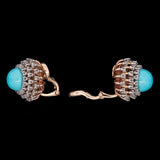 14K Yellow Gold And Palladium Turquoise And Diamond Halo Earrings With Omega Backs, Circa 1945