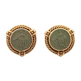 18K Yellow Gold Judith Ripka Green Lava Carved Intaglio Rope Boarder Earrings With Post And Omega Backs