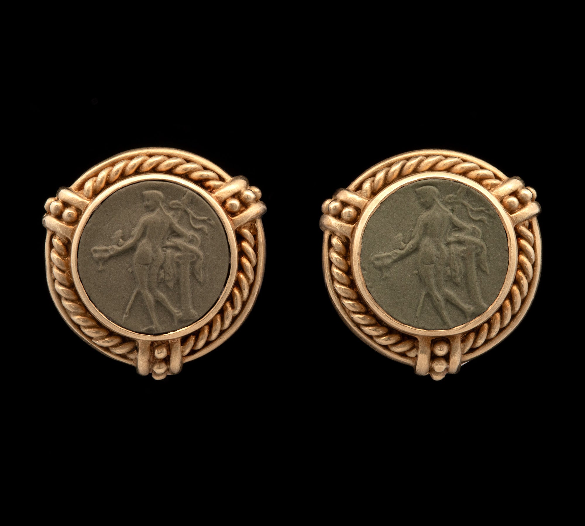 18K Yellow Gold Judith Ripka Green Lava Carved Intaglio Rope Boarder Earrings With Post And Omega Backs