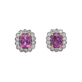 Platinum And 18K Yellow Gold Cushion Cut Pink Sapphire And Diamond Halo Scalloped Edge Stud Earrings