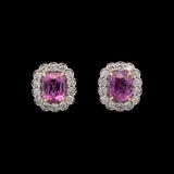 Platinum And 18K Yellow Gold Cushion Cut Pink Sapphire And Diamond Halo Scalloped Edge Stud Earrings