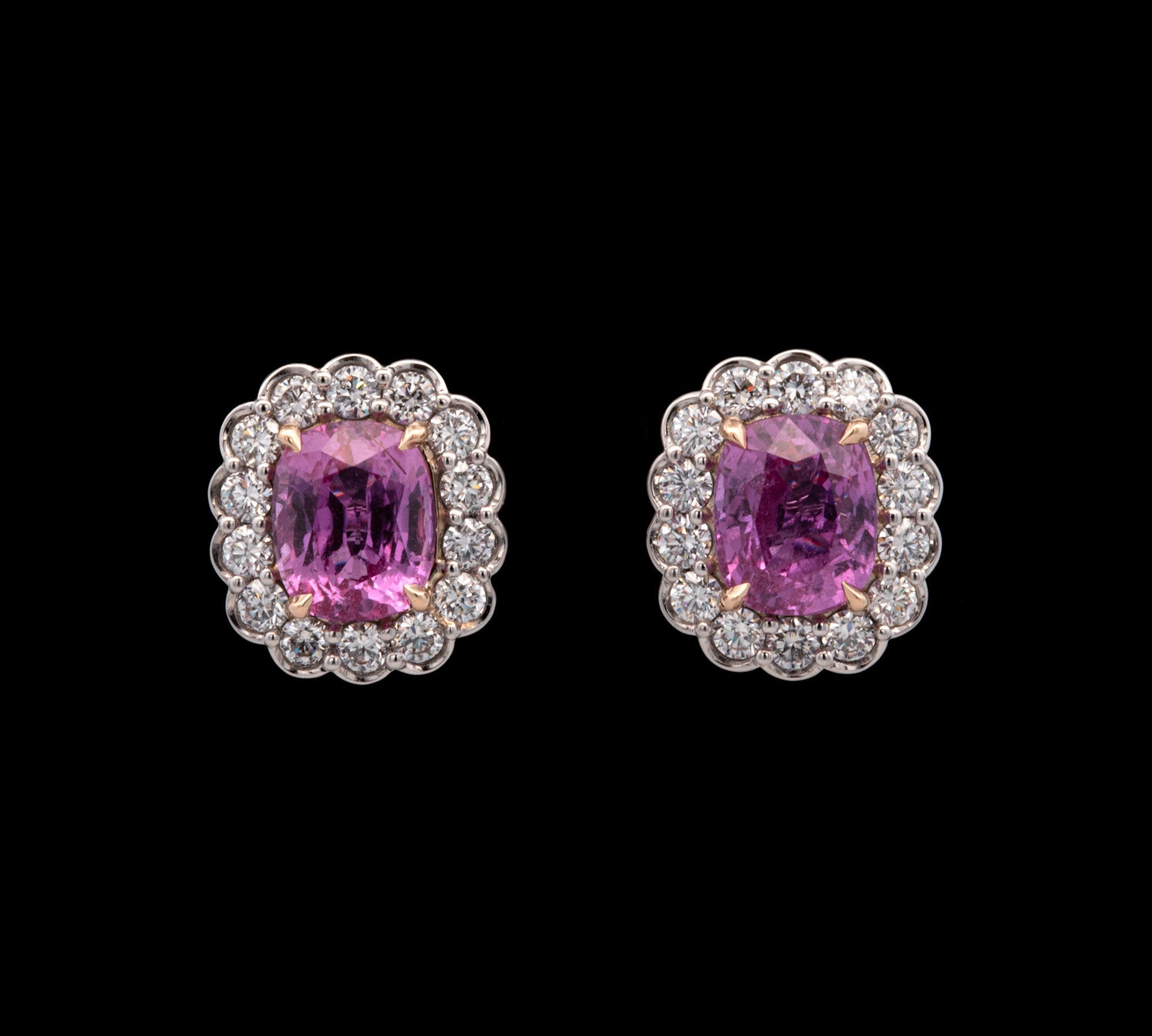 Platinum And 18K Yellow Gold Cushion Cut Pink Sapphire And Diamond Halo Scalloped Edge Stud Earrings