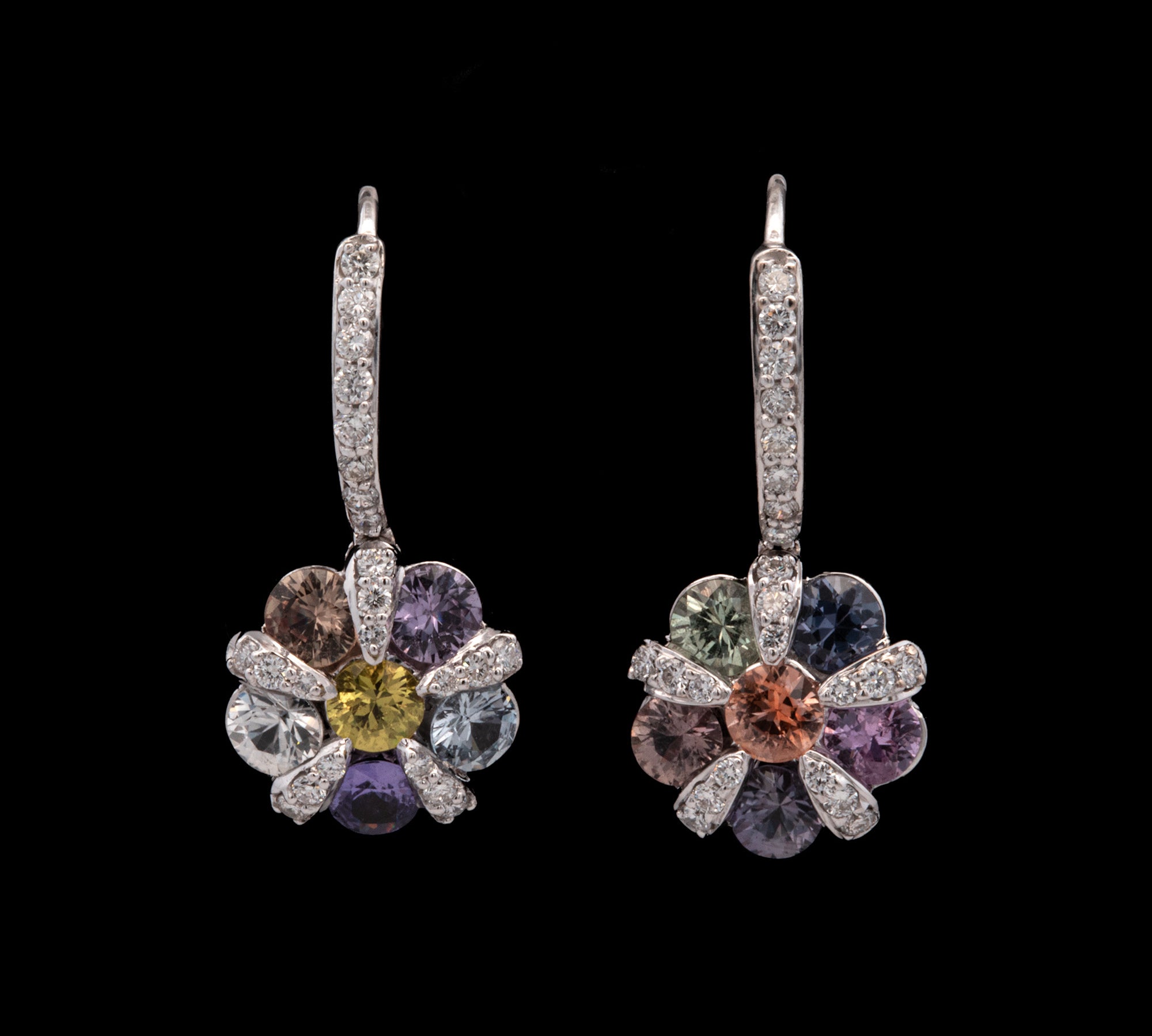 18K White Gold "Sidney Garber" Diamond And Multi Color Sapphire Flower Drop Earrings