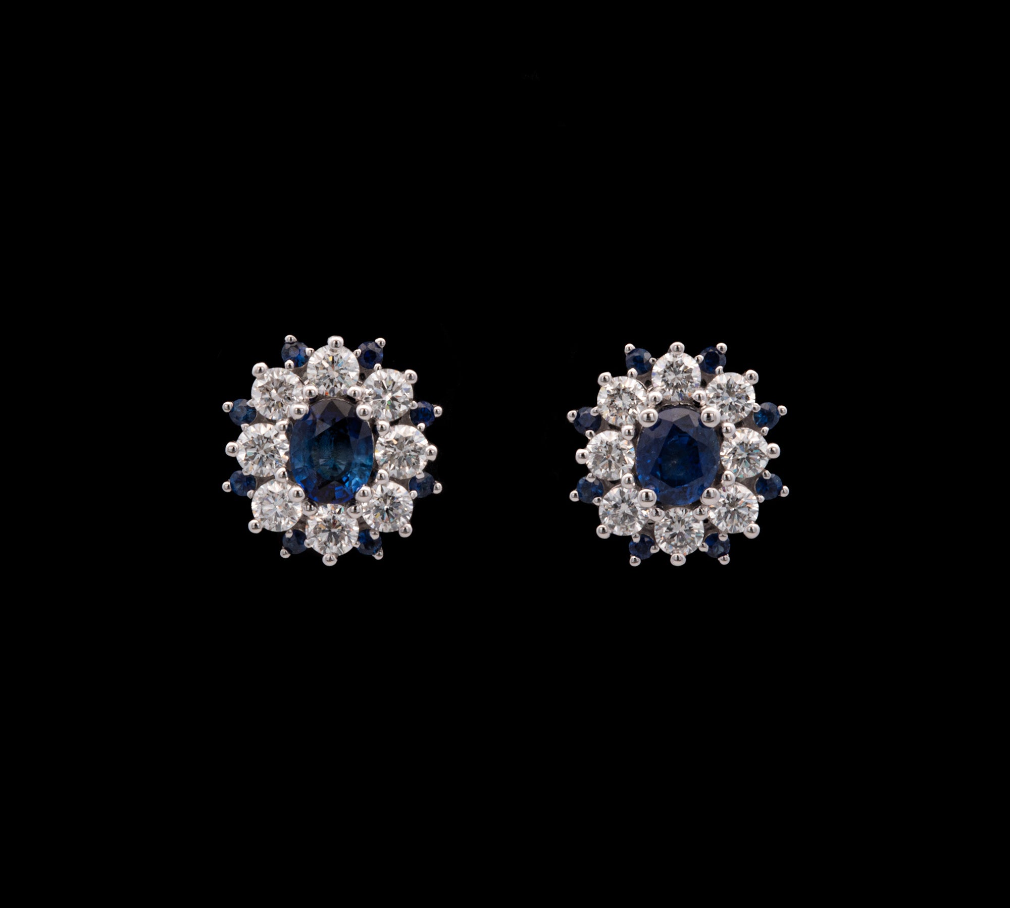 14K White Gold Sapphire And Diamond Cluster Stud Earrings